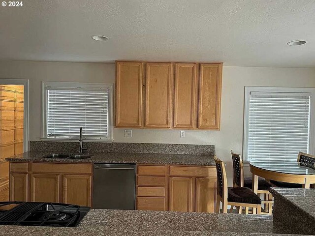 kitchen featuring sink, black appliances, and a textured ceiling