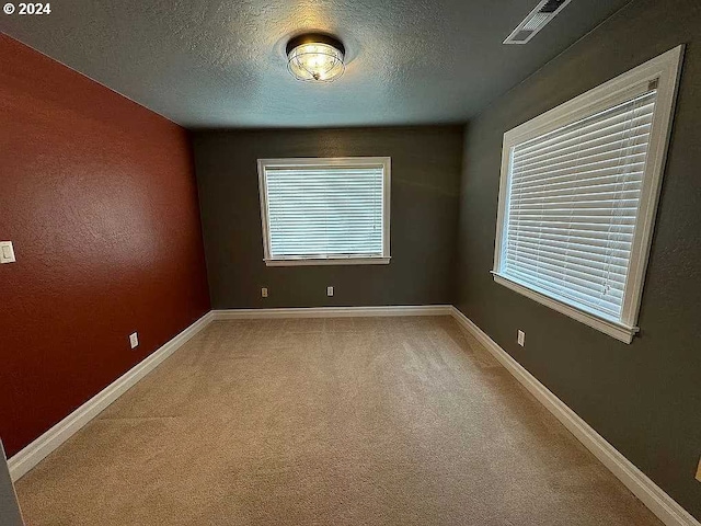 spare room with a textured ceiling and light colored carpet