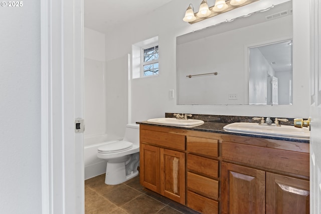 full bathroom with visible vents, a sink, toilet, and double vanity