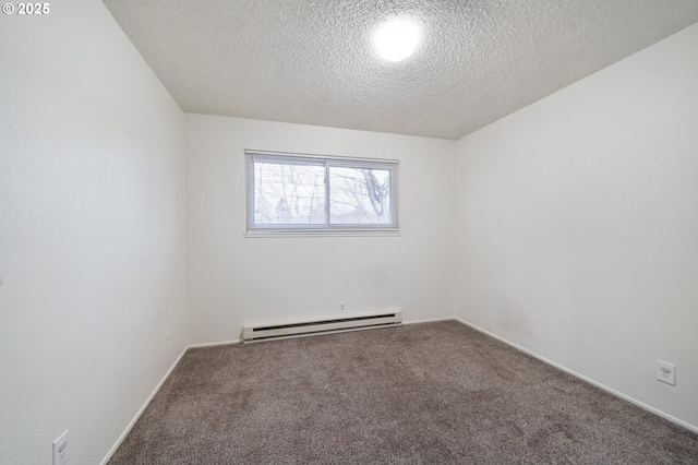 carpeted empty room featuring a textured ceiling and a baseboard radiator