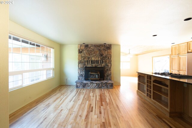 living room featuring a fireplace, a healthy amount of sunlight, and light hardwood / wood-style floors