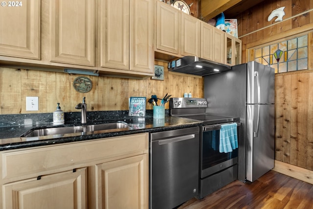 kitchen featuring dark stone counters, ventilation hood, sink, and appliances with stainless steel finishes