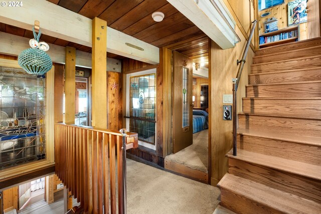 interior space with carpet floors, wooden walls, and wooden ceiling