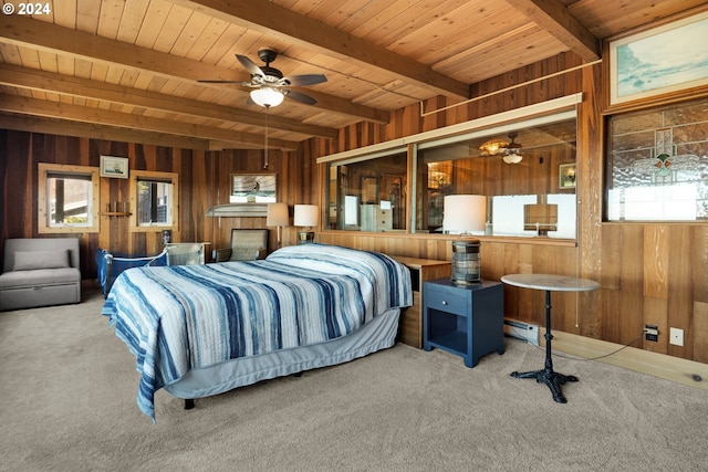 carpeted bedroom featuring beamed ceiling, wooden walls, wooden ceiling, and ceiling fan