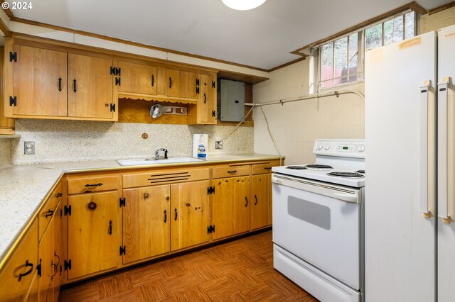 kitchen with white appliances, light parquet flooring, sink, backsplash, and electric panel