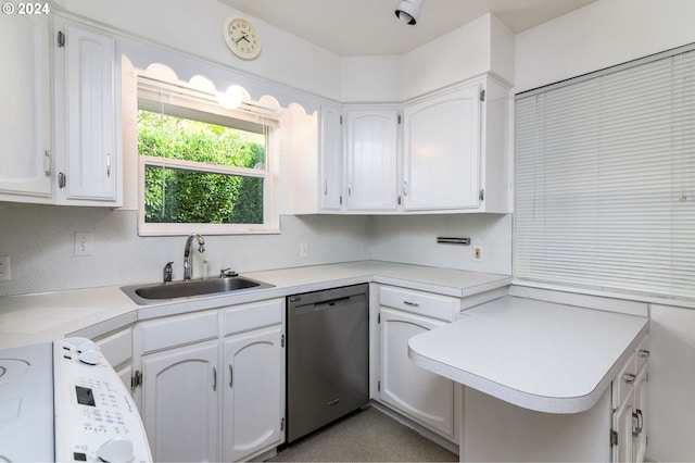 kitchen featuring white cabinetry, kitchen peninsula, dishwasher, and sink