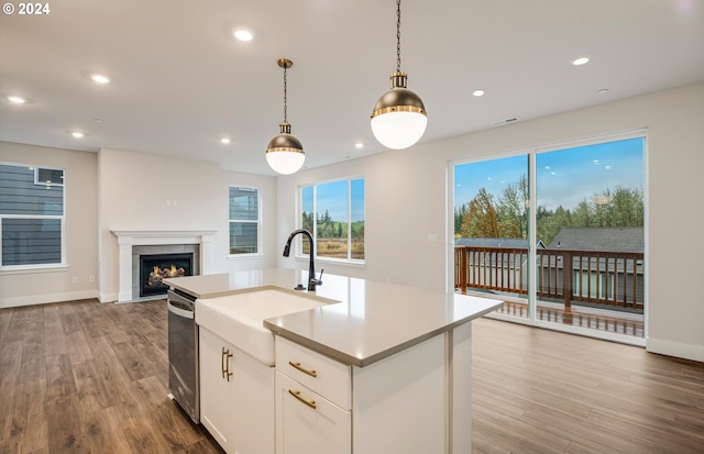 17477 NW Antonio St, Portland, OR 97229 - kitchen featuring a sink, dishwasher, open floor plan, wood finished floors, and pendant lighting