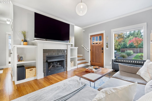 living room with a fireplace, hardwood / wood-style flooring, and ornamental molding