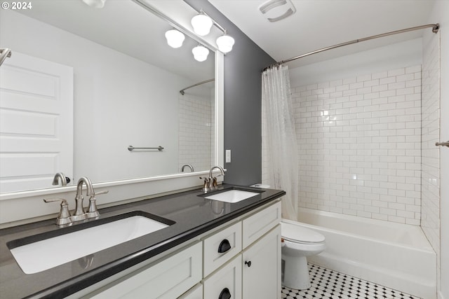 full bathroom with toilet, vanity, tile patterned floors, and shower / bathtub combination with curtain