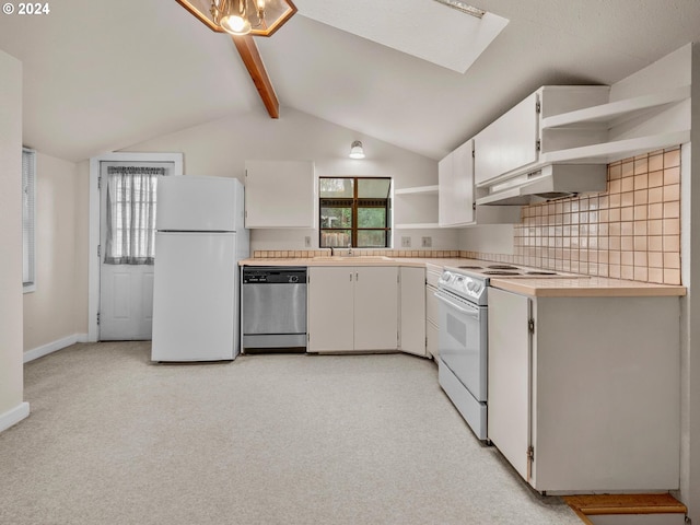 kitchen featuring lofted ceiling with beams, extractor fan, white appliances, and white cabinets