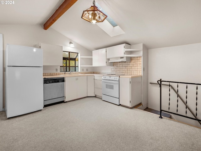 kitchen featuring range hood, hanging light fixtures, light carpet, white cabinetry, and white appliances