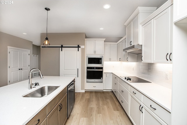 kitchen with a barn door, oven, built in microwave, under cabinet range hood, and a sink