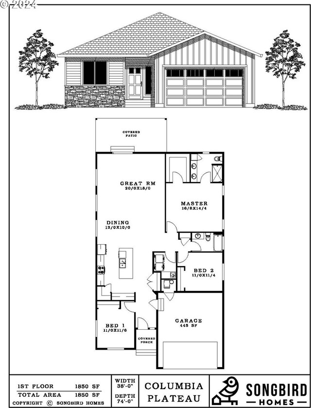 ranch-style house featuring a garage and a front lawn