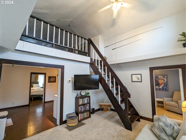 stairway featuring high vaulted ceiling and wood-type flooring