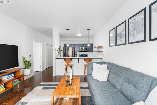 living room with dark hardwood / wood-style flooring