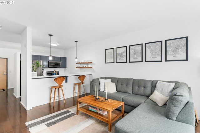 living room with dark hardwood / wood-style flooring