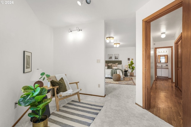 corridor featuring baseboards and carpet flooring