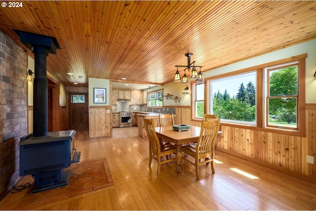 26231 SW Thunderhead Ln, Sheridan, OR 97378 - dining room with a wainscoted wall, a wood stove, wood ceiling, light wood finished floors, and wooden walls