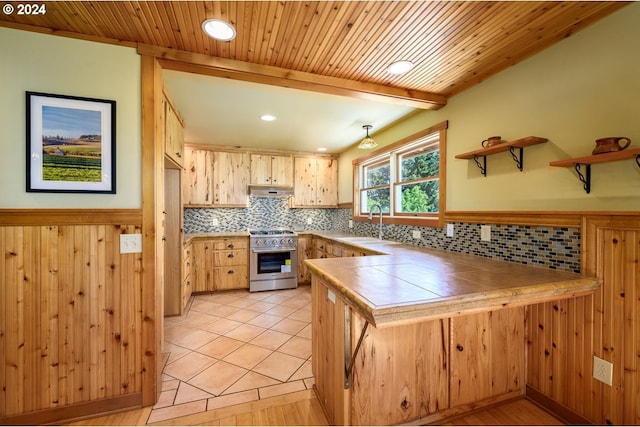 26231 SW Thunderhead Ln, Sheridan, OR 97378 - kitchen with high end stainless steel range oven, tile countertops, backsplash, a sink, and a peninsula