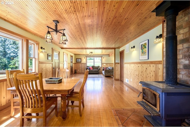 26231 SW Thunderhead Ln, Sheridan, OR 97378 - dining room with a wood stove, wainscoting, wooden ceiling, wooden walls, and light wood-style floors