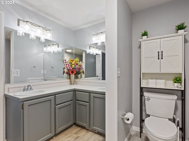 bathroom with hardwood / wood-style floors, vanity, and toilet