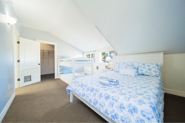 carpeted bedroom featuring a spacious closet, lofted ceiling, and a closet