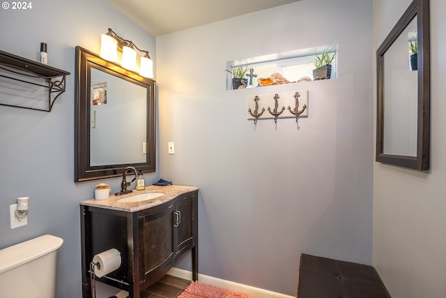 bathroom with vanity, toilet, and hardwood / wood-style flooring