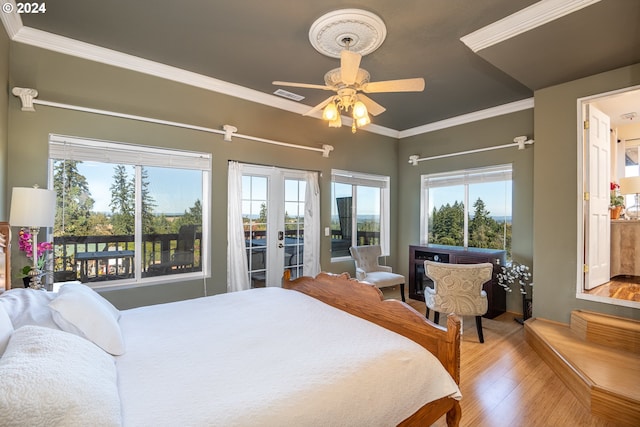 bedroom with wood-type flooring, ornamental molding, access to outside, and ceiling fan