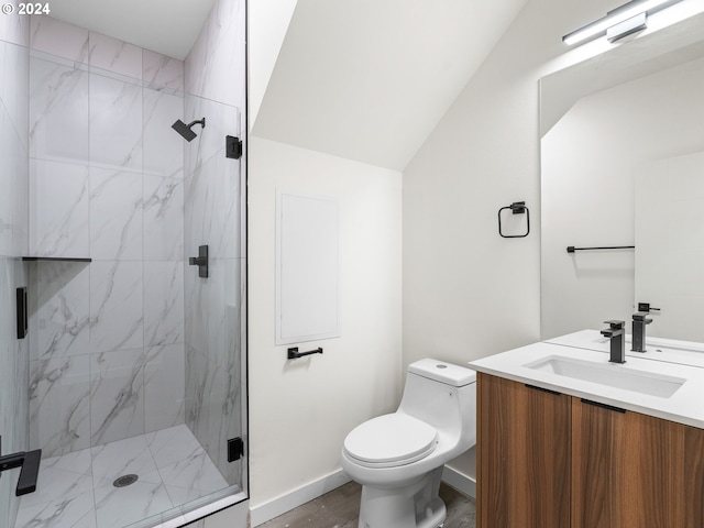 bathroom featuring an enclosed shower, vanity, wood-type flooring, toilet, and lofted ceiling