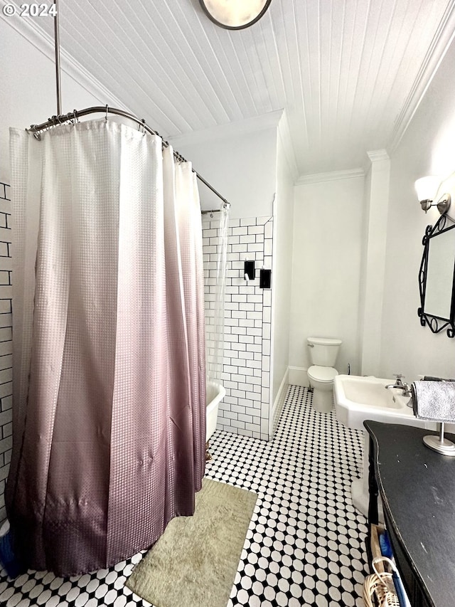 bathroom featuring toilet, ornamental molding, and shower / tub combo with curtain