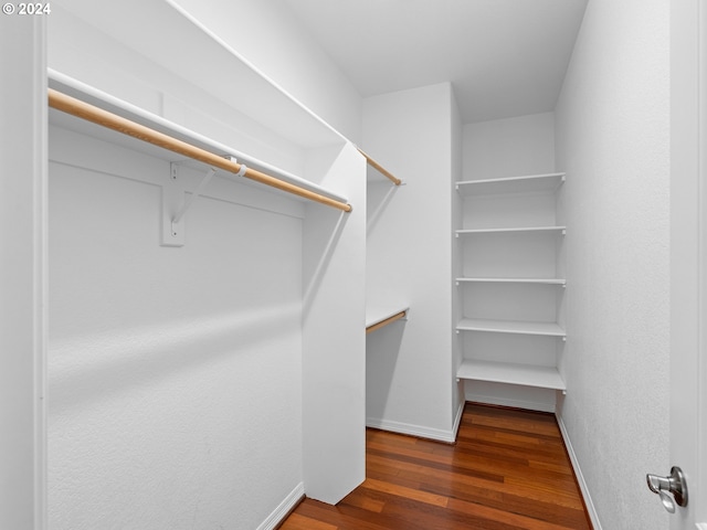 walk in closet with dark hardwood / wood-style flooring