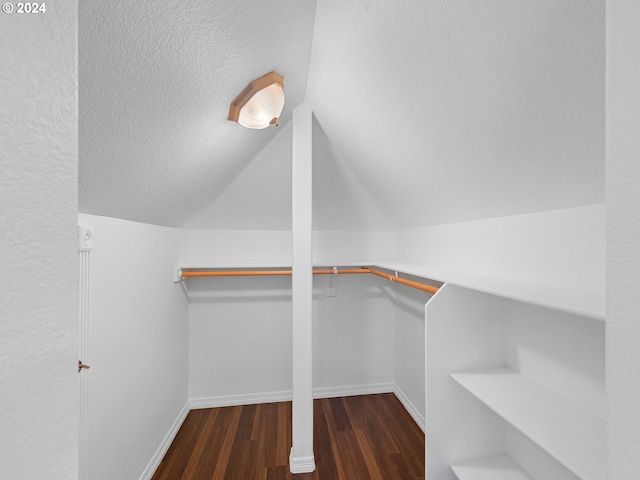 spacious closet with lofted ceiling and dark wood-type flooring