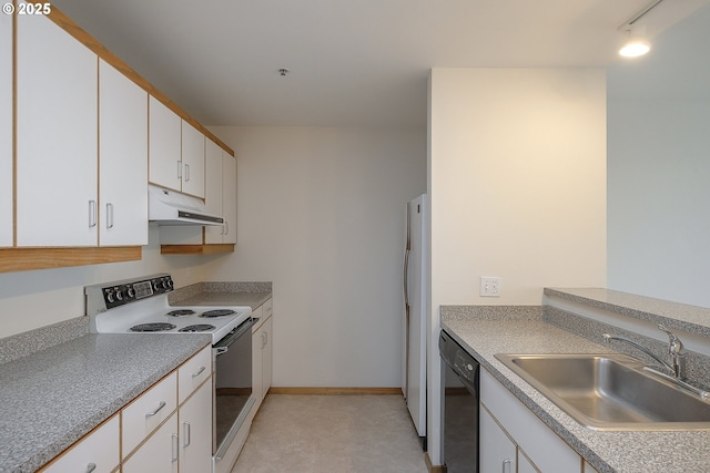 kitchen featuring white cabinets, white appliances, and sink