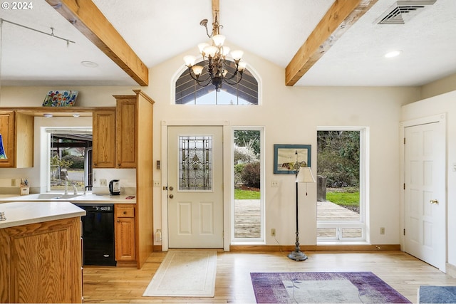 doorway to outside with lofted ceiling with beams, sink, light hardwood / wood-style flooring, and an inviting chandelier