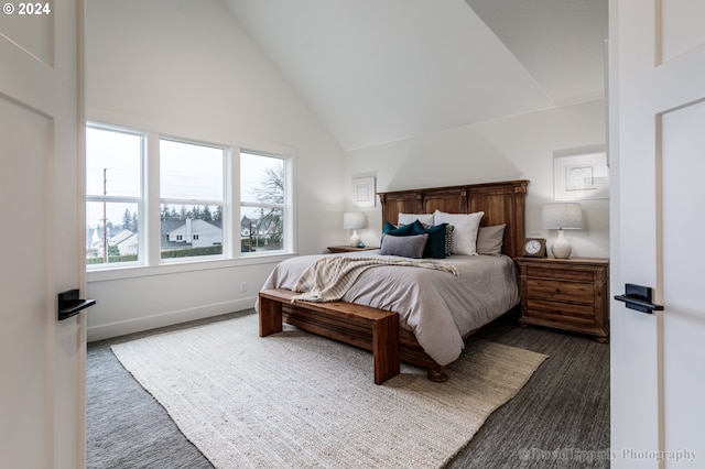 carpeted bedroom featuring high vaulted ceiling