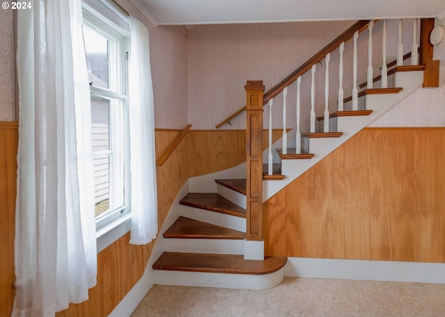 stairway with wooden walls