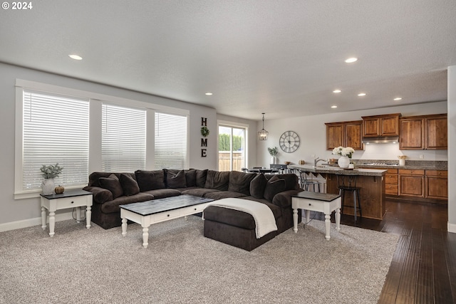 living room featuring a textured ceiling and dark hardwood / wood-style floors