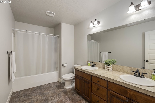 full bathroom featuring shower / tub combo with curtain, tile patterned floors, a textured ceiling, vanity, and toilet