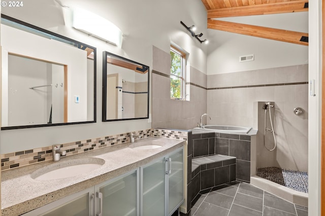 bathroom with decorative backsplash, plus walk in shower, tile patterned flooring, lofted ceiling with beams, and vanity