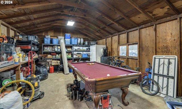 rec room featuring lofted ceiling and billiards