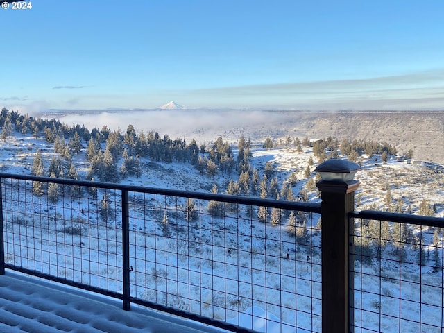 view of snow covered back of property