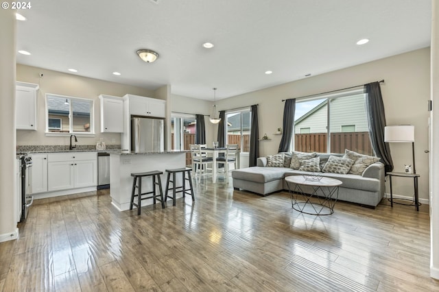 living room with sink and light wood-type flooring