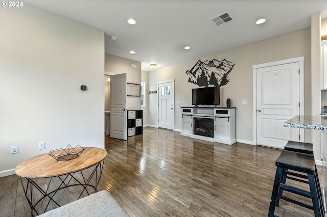 living room featuring dark wood-type flooring