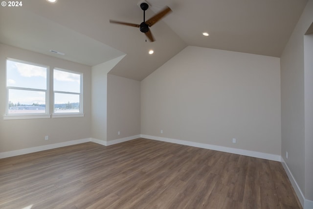 bonus room featuring lofted ceiling, wood-type flooring, and ceiling fan