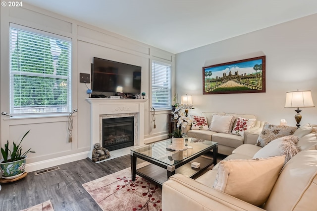 living room with dark hardwood / wood-style flooring