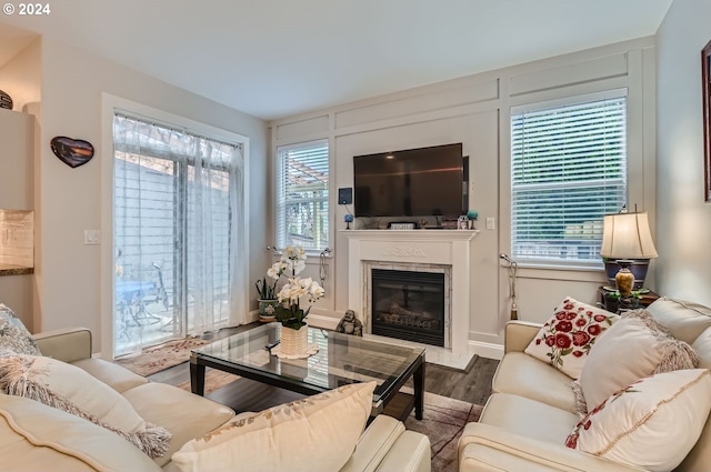 living room featuring a wealth of natural light and hardwood / wood-style floors