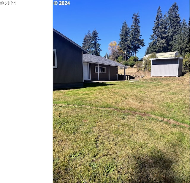 view of yard featuring a shed