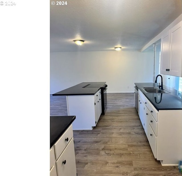 kitchen featuring sink, white cabinets, stainless steel dishwasher, and light hardwood / wood-style flooring