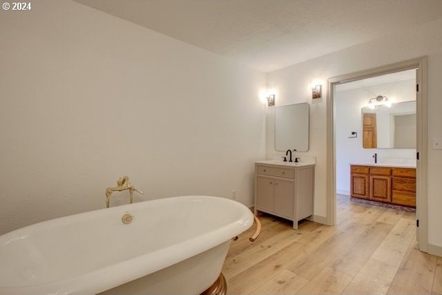 bathroom with a washtub, hardwood / wood-style floors, and vanity