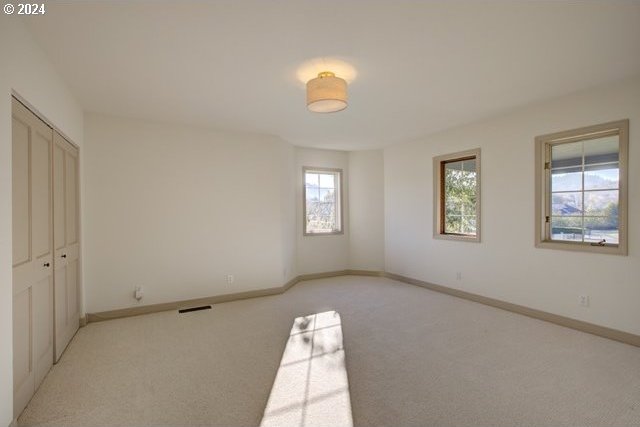 unfurnished bedroom featuring light colored carpet and a closet